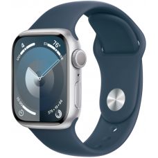 Apple Watch Series 9, 41 мм, корпус из алюминия серебристого цвета, спортивный ремешок цвета «грозовой синий», размер M/L
