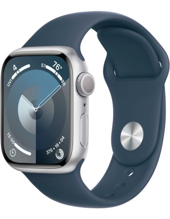 Apple Watch Series 9, 41 мм, корпус из алюминия серебристого цвета, спортивный ремешок цвета «грозовой синий», размер M/L