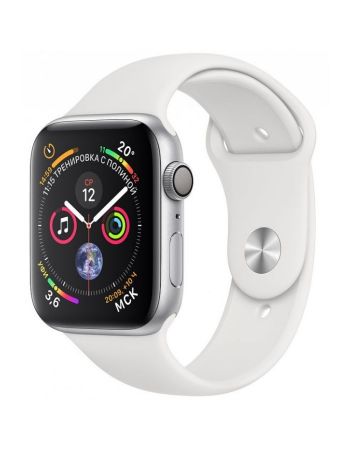 Apple Watch Series 4, 44 мм, корпус из серебристого алюминия, спортивный ремешок белого цвета